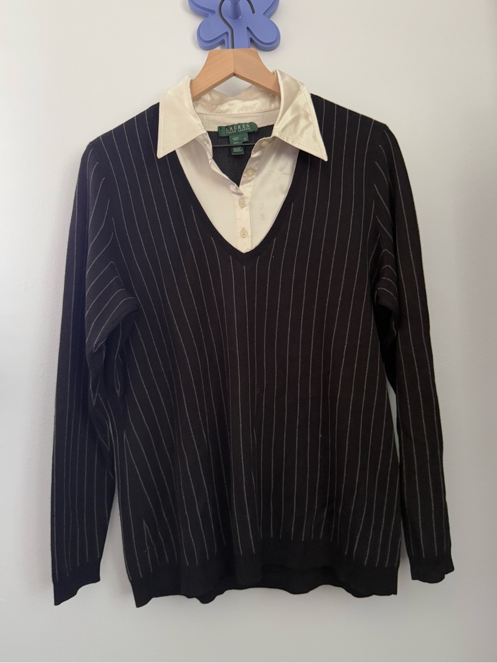 Lauren Ralph Lauren 1X Silk Cashmere Sweater Black Stripe Collar Office Winter